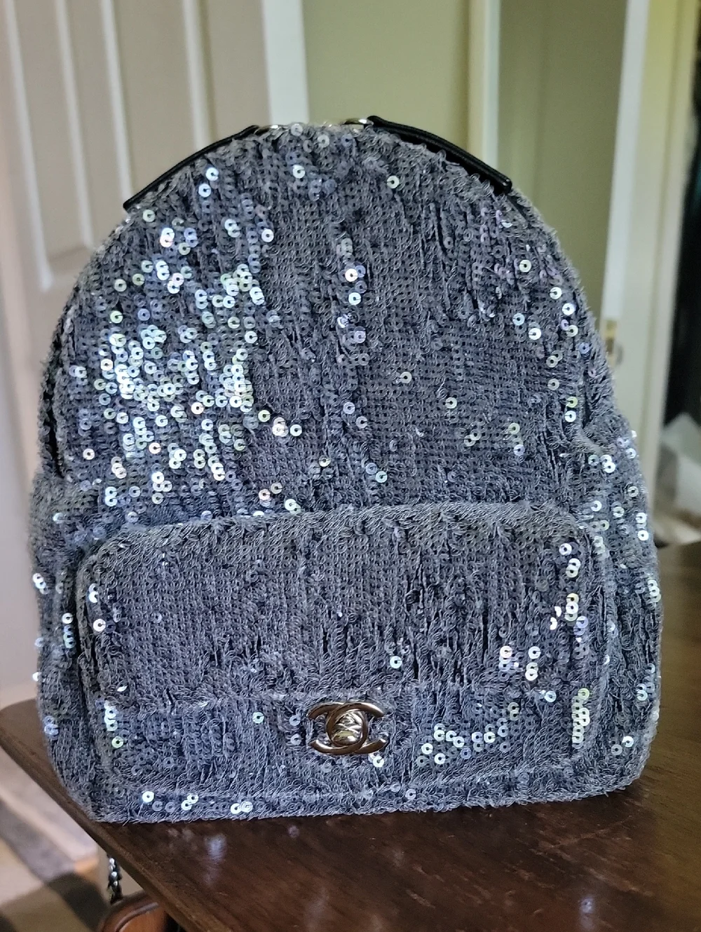 CHANEL Charcoal Sequin Waterfall Quilted Mini Backpack